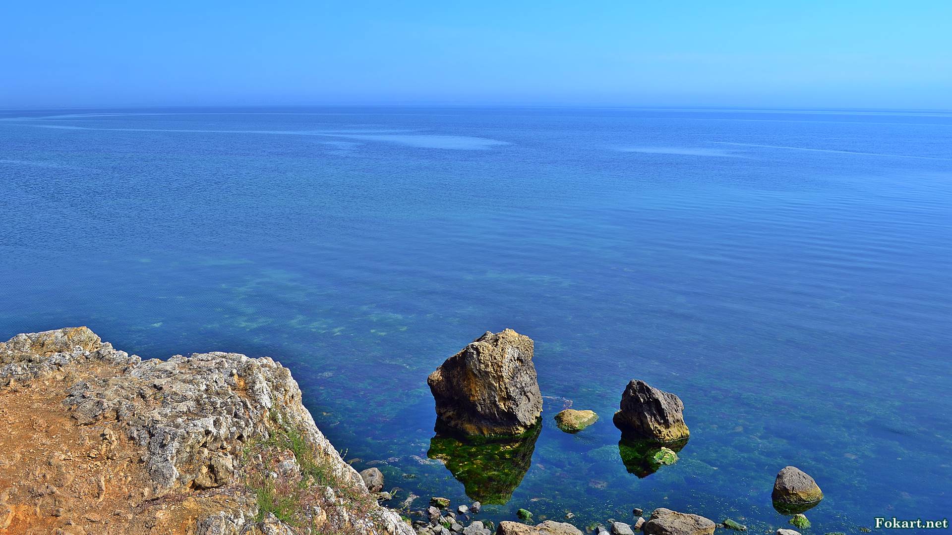 Каменистое дно, покрытое морскими водорослями, скалистые камни и морской горизонт, фото